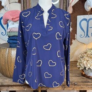 Navy Blouse With Gold Foil Hearts